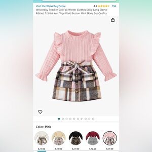 Weixinbuy Toddler Girl Solid Long Sleeve Ribbed T-Shirt Knit Tops Plaid Skirt